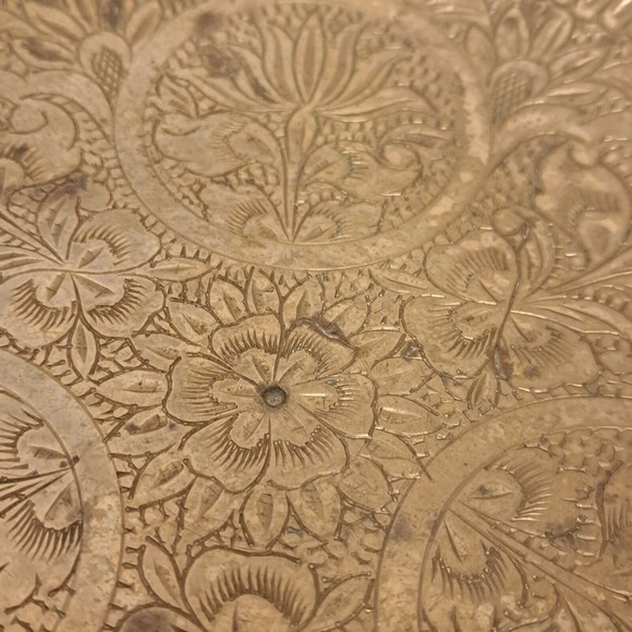 Vintage Engraved Etched Brass Pedestal Bowl Floral Pattern Made in India - Picture 6 of 8